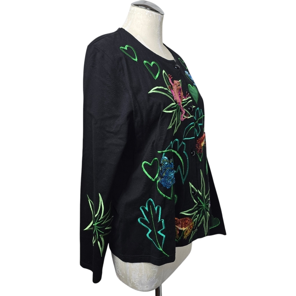 Michael Simon Sequin Frog Cardigan Sweater Black Knit Button Down Size L - Picture 5 of 9